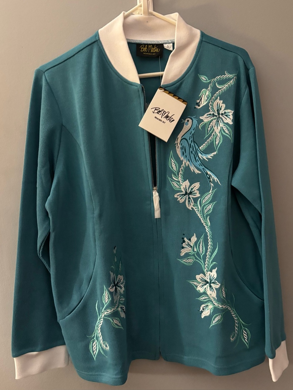 Bob Mackie Teal Zip-Front Embroidered Bird Jacket with White Trim NWT